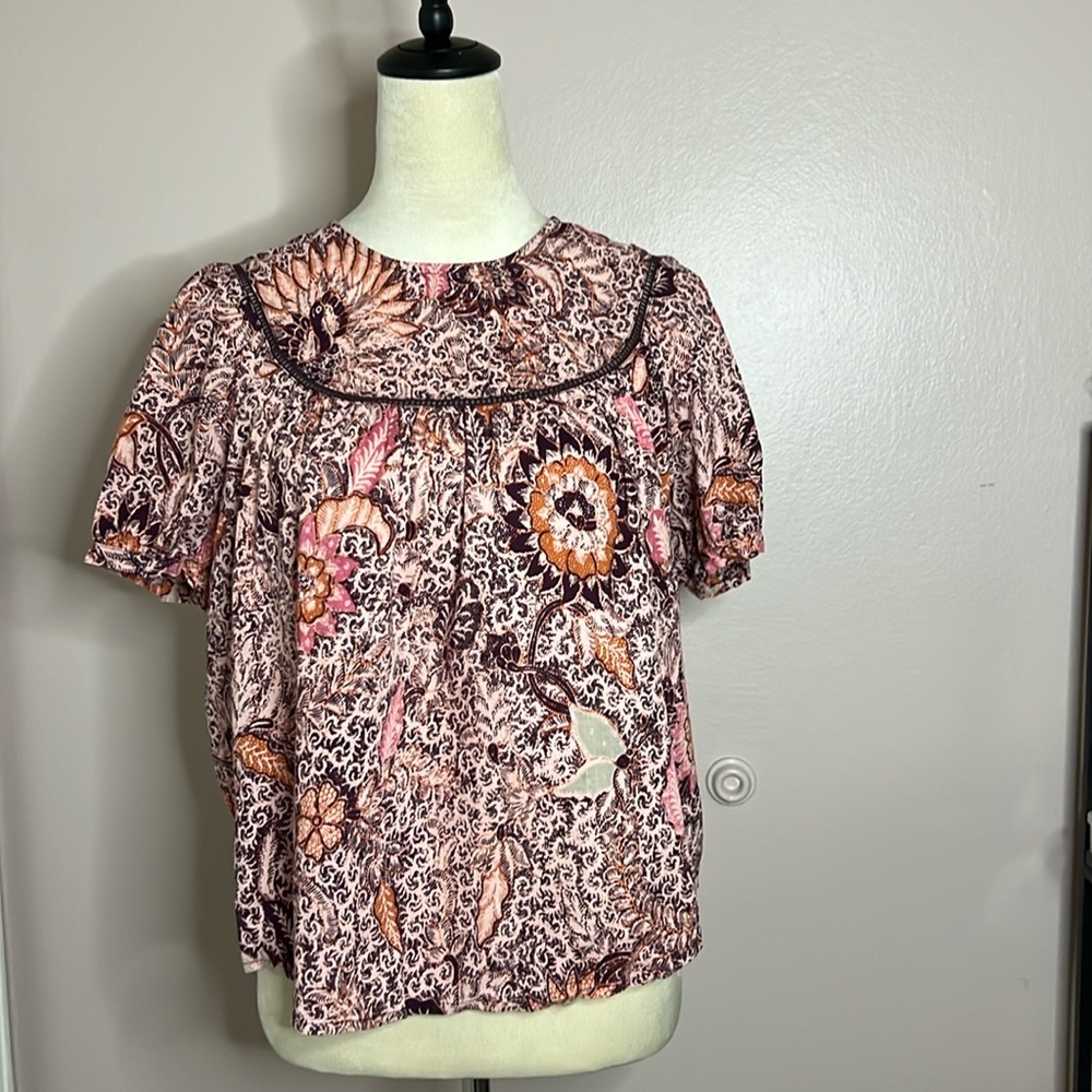 Small mostly pink Madewell Boho blouse with not too puffy sleeves.